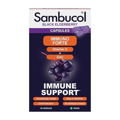 Sambucol Natural Black Elderberry Immuno Forte Capsules | Vitamin C | Zinc | Immune Support Supplement| 30 Capsules
