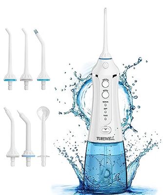 TUREWELL FC1591 Idropulsore Dentale Portatile 6 Ugelli e 3 Modalità, IPX7 Impermeabile, 300ML Irrigatore Dentale per La Casa e I Viaggi (Bianco)