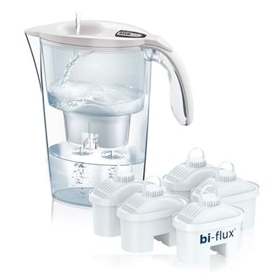Pacote de 6 filtros Laica bi-flux + 1 jarro de presente. O filtro bi-flux reduz a calcário e o cloro, melhorando o sabor da água da torneira, dura 150 litros/1 mês, compatíveis com os frascos Brita e