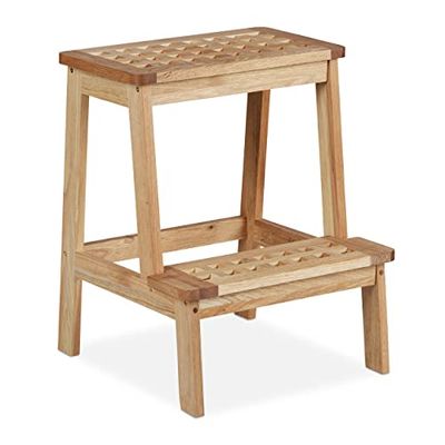 Relaxdays kinderkrukje, walnotenhout, 2 tredes, opstapje voor kinderen, tot 60 kg, HBD 47x38x38 cm, plantenkruk, naturel