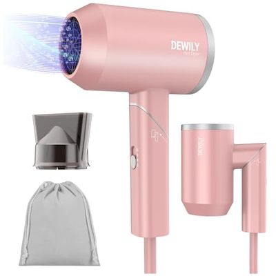 Seche cheveux Professionnel Ionique - DEWILY Hair Dryer, 3 températures, Sèche-cheveux de voyage pliable petit, Sèche-cheveux petit format 1800W (Rose-1 buse)