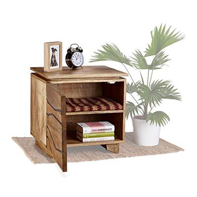 Native Home Houten Nachtkastje met Deur, Solid, Mango Hout, Gedessin, Nachtkastje, Natuurlijk, 50 x 50 x 40 cm
