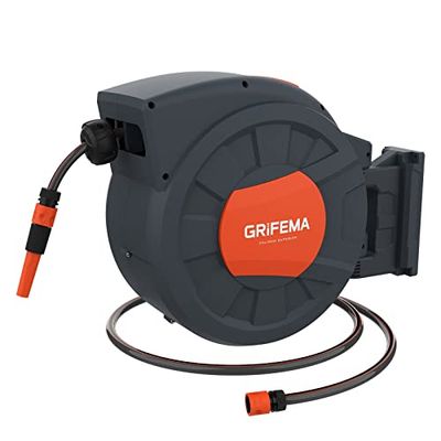 GRIFEMA G301-35 Carrete de Manguera de Jardín Automático, Enrollador de Manguera de Pared de 35 M con Rotación de 180 grados, con Boquilla Ajustable,gris [Exclusivo en Amazon]