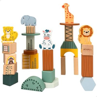 WOOMAX - Juego de Bloques de Madera, Incluye 28 Piezas, Animales de la Selva, Etiqueta FSC, Juegos de Mesa, Juguete de Equilibrio, Recomendado a Partir de 24 Meses (47575)