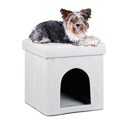 Relaxdays Cuccia Puff Pieghevole per Cane/Gatto, Finta Pelle, 38 X 38 X 38 cm, Bianco
