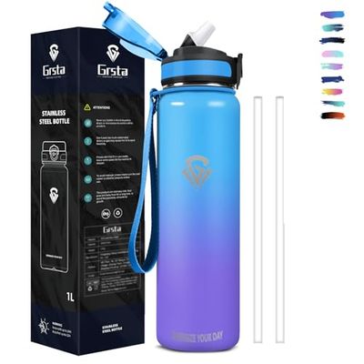 Grsta Borraccia Termica, Borraccia 1 litro, Borraccia con Cannuccia Senza BPA, Isolato Sottovuoto, Borraccia Palestra Senza Perdite, Borraccia Termica Acciaio Inox per Sport, Campeggio, Ciclismo
