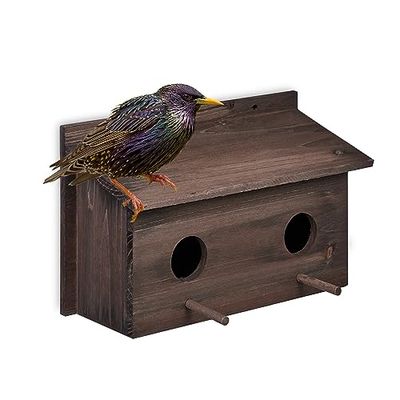Relaxdays Budka lęgowa na szpaki, naturalne drewno jodłowe, 2 x otwór wlotowy 5 cm, drążek do siedzenia, domek dla ptaków do zawieszenia, brązowy, 1 sztuka