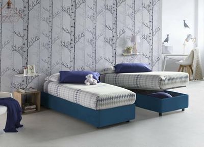 Talamo Italia - Letto singolo Asia, Letto contenitore con rivestimento in tessuto, 100% Made in Italy, Apertura frontale, adatto per materasso Cm 80x190, Blu