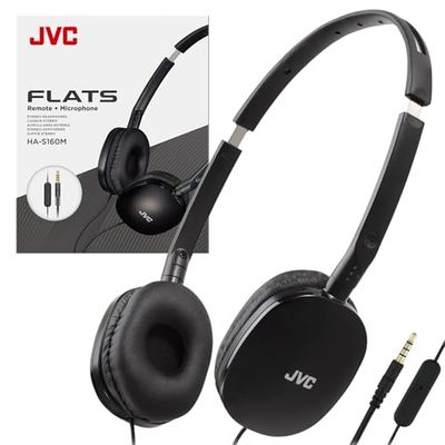 JVC Zwarte platte opvouwbare kleurrijke platte oortelefoon met afstandsbediening en microfoon, 3,94 voet vergulde 3,5 mm slanke stekker - HAS160MB, verstelbaar