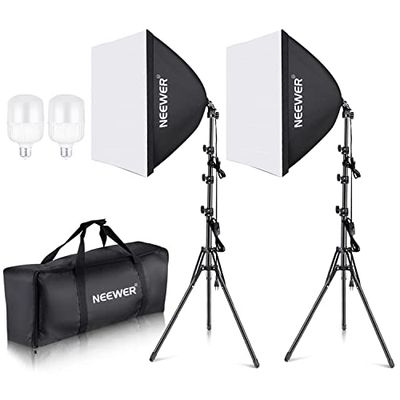 NEEWER Kit de iluminação contínua de caixa de luz equivalente a 700 W, 2 lâmpadas de LED de 5700 K, 60 x 60 cm Softbox com tomada E27 para equipamento de estúdio fotográfico
