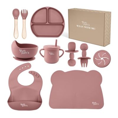 Yum Yum's Baby 10 Pcs Pink Weaning Set - Complete Toddler Feeding Kit w/Sectioned Plate, Suction Bowls, Cutlery with Mouth Guard, Straw Cup, Bib & Mat - Non-Slip - for Toddlers & Baby Gift