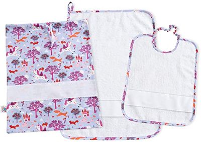 FILET - Kinderdagverblijfset, 3 stuks, sprookjespatroon, met Aida canvas om te borduren, bestaande uit tas, handdoek en slabbetje van witte badstof, 100% katoen, gemaakt in Italië