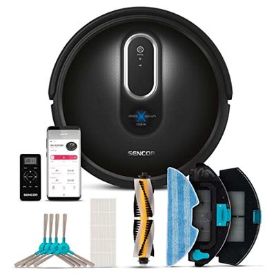 SENCOR Aspirador Robot Lavador con 6 Modos de Limpieza, Robot Aspirador Lavador WiFi con aplicación, Sistema de mapeo Activo, planificación Inteligente, Anti caídas y obstáculos, 120 Minutos