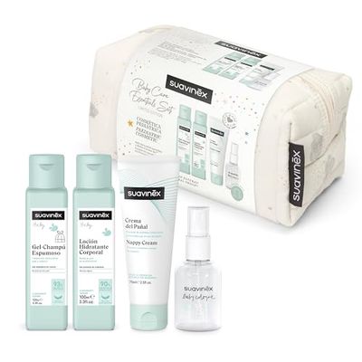 Suavinex, Baby Necessär i tyg, presentset för nyfödda med kosmetika: Schampo Gel 100 ml fuktgivande lotion 100 ml blöjkräm 75 ml baby cologne 50 ml reseformat, beige drömmar