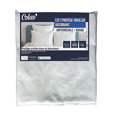 COLAS NORMAND | Juego de Protectores de Almohada Impermeables | 60 x 60 cm | Fibras Lyocell Tencel® Transpirables y Resistentes | Absorbente | Lavable a máquina a 60 °C