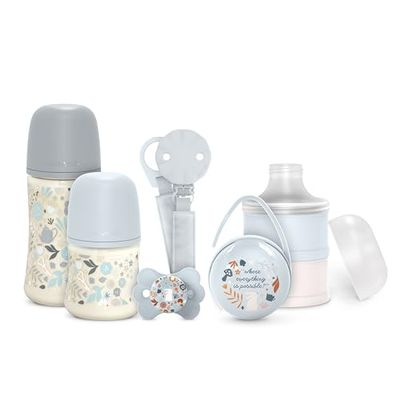 Suavinex, Nyfödd presentförpackning. 150 ml och 270 ml anti-kolik flaskset + 0/6 månader napp med SX Pro symmetrisk napp + mjölkdispenser + nappklämma + napplåda. Wonderland Blue