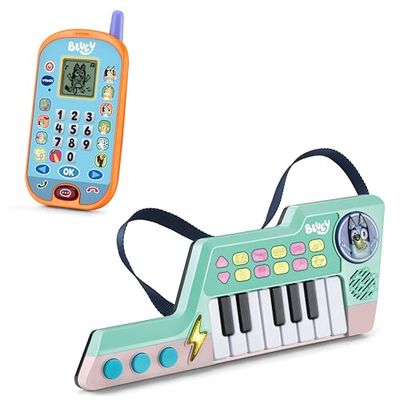 Bluey - Pack de Juguetes Electrónicos: Teléfono Interactivo + Teclado Musical. Juguetes Educativos para Niños a partir de 2 Años.