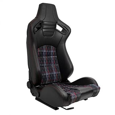 Asiento Deportivo 'GT' - Cuero Artificial Negro + Tela a cuadros Rojo + Costura Rojo - Respaldo Ajustable de Doble Cara - incl. Correderas