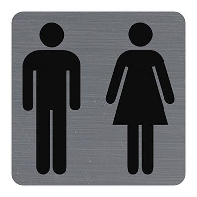 Exacompta - Ref. 67178E - 1 male/female toilet adhesive door plate - Printed signage wall plate - On all supports - Brushed aluminium look - Dimensions: 7.5 x 7.5 cm