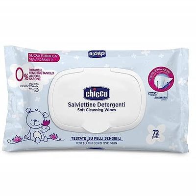 Chicco soft baby wipes, multifunctional wipes, 1 pack of 72 disinfectant wipes, alcohol and perfume free, for sensitive skin (package may vary)