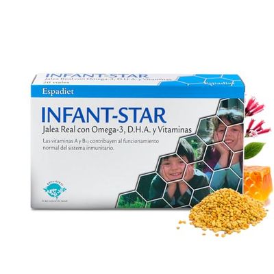 Espadiet Jalea Real Infant Star– Con Jalea Real, Polen, Quina, Propóleo, Omega 3 DHA, Multivitaminas – Apoya al Sistema Inmune – Fortalece las defensas de los Niños – Alta Absorción – 20 viales