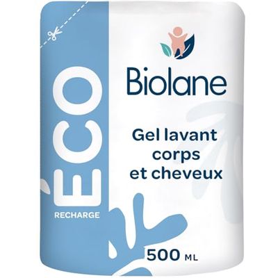 BIOLANE - Gel douche corps et cheveux 2 en 1 - Eco Recharge - Gel lavant - 500ml - 97% Origine Naturelle - Doux - Peaux Sensible - Cheveux Fins - Bébé - Fabriqué en France
