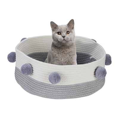 Relaxdays Panier pour Chat et Petit Chien, Pompons, Coton, Corbeille tressée, H x D : 16,5 x 41 cm, Gris et Blanc