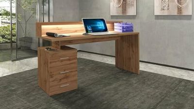 Dmora Alexandre, surhausseur et lumières LED, usages, Bureau Peu encombrant Multi-Positions, 160 x 60 x 90 cm, chêne