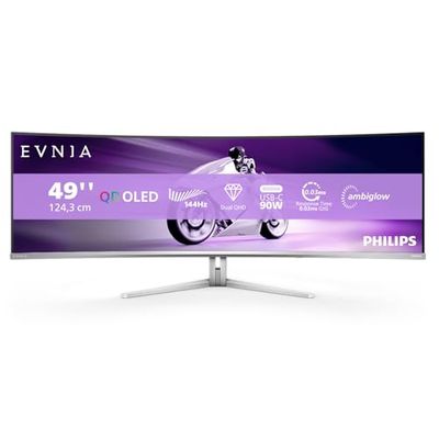 PHILIPS Evnia 49M2C8900LA - 49" DQHD OLED gebogen gaming-monitor, 144 Hertz, 0,03 ms GtG, HDR400, Ambiglow (5120x1440, HDMI 2.1, DisplayPort 1.4, USB-C, USB-hub) wit