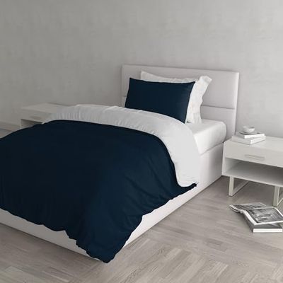 Italian Bed Linen Natuurlijke kleur Dekbedovertrek Set met Doubleface Effen Kleur Tas Sheet en Kussensloop, 100% Katoen, Donkerblauw/Lichtgrijs, kleine dubbele