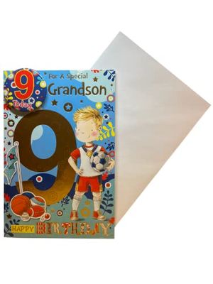Tarjeta de cumpleaños "Express Yourself" para nieto de 9 años, incluye insignia y sobre, diseño animado de campeón de fútbol