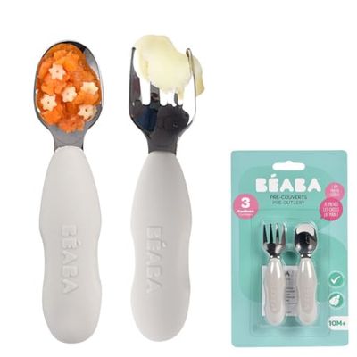BEABA Juego de 2 Cubiertos de Acero Inoxidable y Silicona, Cubiertos para Bebés, Cubiertos para Niños, A partir de 10 Meses, Forma Ergonómica, Mango Ergonómico, Cubiertos para Aprender, Gris