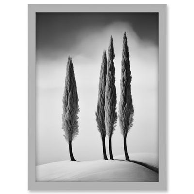 Group of Cypress Trees on Snowy Hill Minimalist Black and White Photograph Cypresses in Foggy Winter Landscape Artwork Framed A3 Wall Art Print