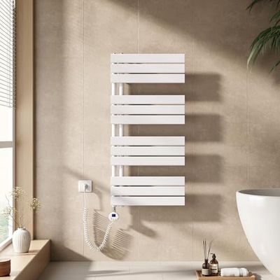 EMKE Elektrische handdoekdroger, 1041 x 500 mm, handdoekhouder met thermostaat, handdoekwarmer voor badkamer, wit, 600 W, elektrische handdoekdroger
