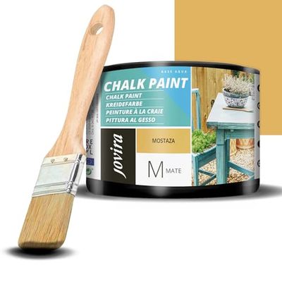 JOVIRA PINTURAS Chalk Paint - Vernice gessata all'acqua opaca + Pennello speciale per legno. Rinnovate i vostri mobili con creatività. (375 Millilitri, Senape + Pennello)