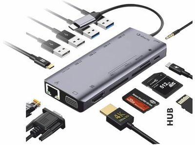 SilverHT - HUB USB C Adaptateur HDMI 8 en 1 4K, 1 VGA, 3 Ports USB 3.0, Lecteur de Carte SD/Micro SD, 1 Prise, Hub USB C Gigabit Ethernet de Type C pour MacBook Pro, Chromebook