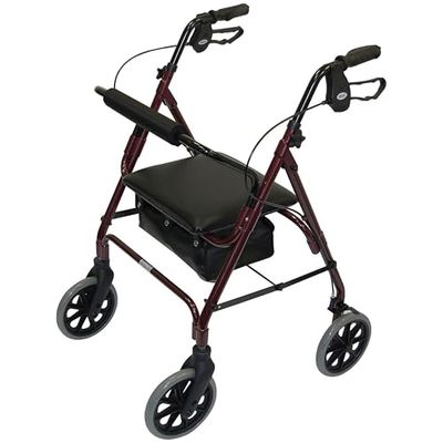 Days Lightweight Folding Rollator Walker – Mobility Aids, Adjustable Walking Frame with Padded Seat, Lockable Brakes, Ergonomic Handles, Walking Aid, Portable Walker for Elderly, Medium – Ruby Red