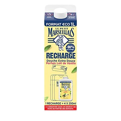 Le Petit Marseillais - Recharge Crème de Douche Extra Douce Lait de Vanille Bio (brique de 1 L)–Recharge gel douche avec 92 % d'ingrédients d'origine naturelle –pH neutre pour la peau et sans colorant