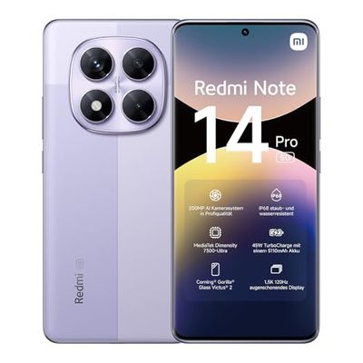 Xiaomi Redmi Note 14 Pro 5G smartphone, 8+256GB, Purple, 200MP pro-grade AI camera, IP68, 45W turbo-opladen met 5110mAh batterij, AI features (oplader niet inclusief)