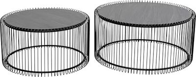 Kare Juego de 2 mesas de centro de diseño Wire Wood, color negro, 63/53 cm de diámetro, mesa de salón, estructura de acero, mesa de madera, salón, redonda, 34 x 70 x 70 cm (alto x ancho x profundidad)