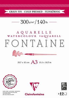 Clairefontaine 975950C - Bloc Fontaine A3 12 feuilles 300g Grain Fin Collé 2 Côtés