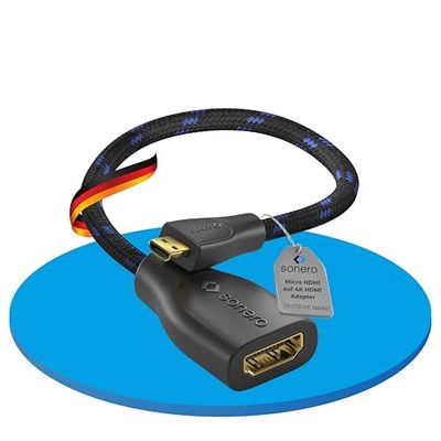 Sonero® Micro HDMI naar 4K HDMI Portsaver adapter, Premium High Speed, Micro HDMI D-stekker naar HDMI A-aansluiting, vergulde contacten, dubbele afscherming, katoenen mantel, 0,15 m