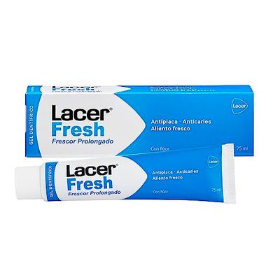 LACER FRESH Gel dental 75 ml laminado, anti-placa dentária, evita a cárie, protege as gengivas, máscara de mau hálito, boca fresca, saudável e protegida, efeito prolongado