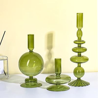 Rtteri 3 portavelas de Cristal, candelabros cónicos de Vidrio, portavelas de Vidrio Ondulado, Elegantes jarrones de Vidrio para Centro de Mesa de Fiesta en casa (Verde)
