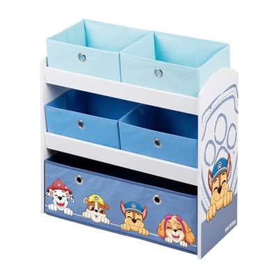 roba Estantería de Juguetes Infantil de Madera Paw Patrol - 5 Cajas de Tela Desmontables - Diseño de Perros - Mueble de Almacenamiento para Juguetes y Libros - Azul/Gris