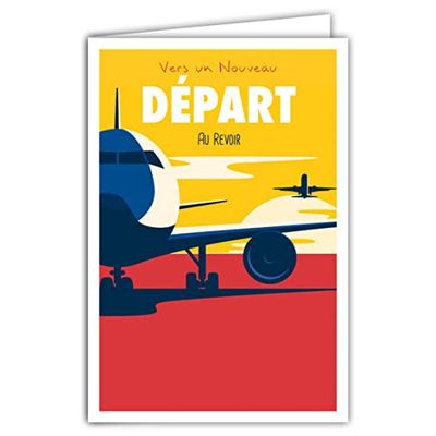 69-4342 Carte Nouveau Départ Au Revoir avec Enveloppe, Mini Posters Format 17x11,5cm, Bonne Continuation Retraite Déménagement Changement Vie Voyage Avion Soleil Rétro Vintage Jaune/Rouge/Bleue