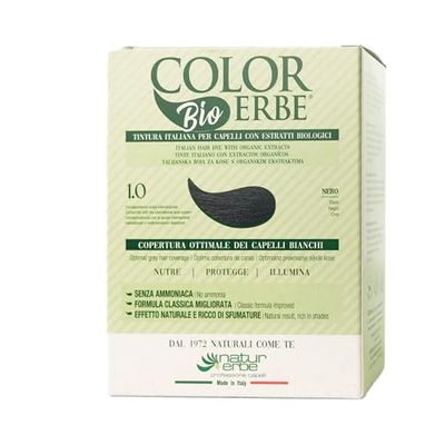 Colorant permanent Colorerbe avec extrait. bio Black (1.0), en gel, sans ammoniaque, sans résorcine, sans parabènes, couverture optimale des cheveux blancs, nourrit, protège, illumine, MadeInItaly