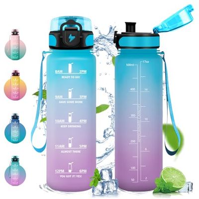 Vikastar VK-TY-SDZYG-500ML-JB-Blue-Purple, 500ml/1000ml/1500ml Borraccia con Cannuccia, Senza BPA Unisex-Youth, Azzurro Cielo & Viola, 500 ml