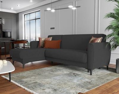 Dmora - Divano letto con penisola Angel, Divano ad angolo reversibile, Sofà contenitore moderno con chaise longue e 3 cuscini, 230x153h85 cm, Antracite