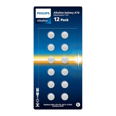 Philips Piles Alcalines A76 1V – Optimales pour Les Montres, Calculatrices et Petits Appareils Électroniques, Lot de 12